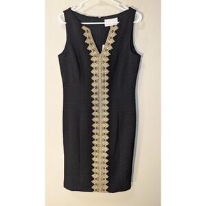 Women's NWT Pappagallo Embroidered Sheath Lace-Trim Split-Neck Gold/Black SZ 6